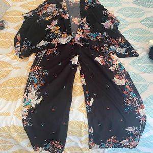 Soma satin kimono and wide leg pants set floral design